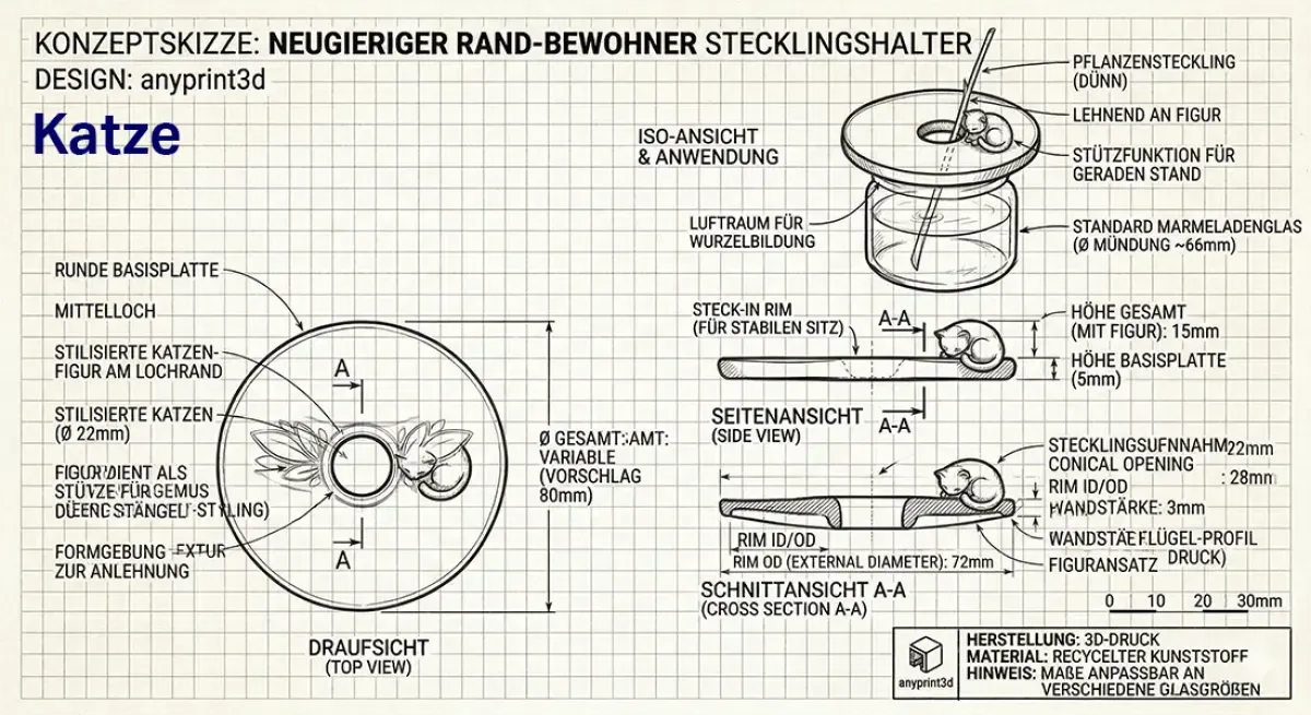 anyprint3d Stecklingshalter Katze 3D-Druck Skizze Maße